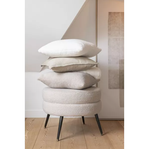 Pouf rond en tissu bouclé sur pieds en métal noir BARMINE (Beige)