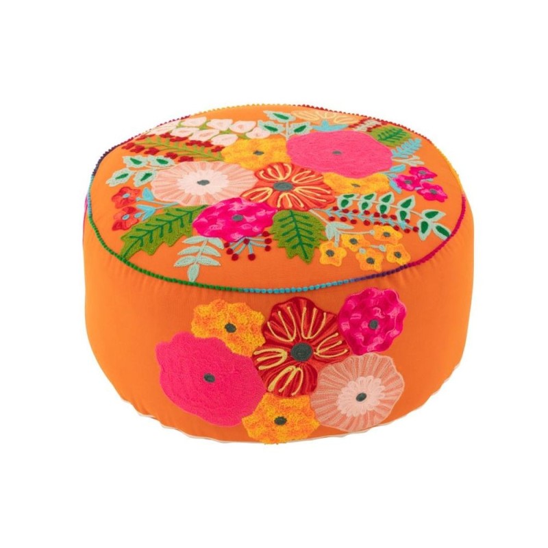 Pouf rond en tissu brodé de fleurs CHALOU (Orange/Rouille)