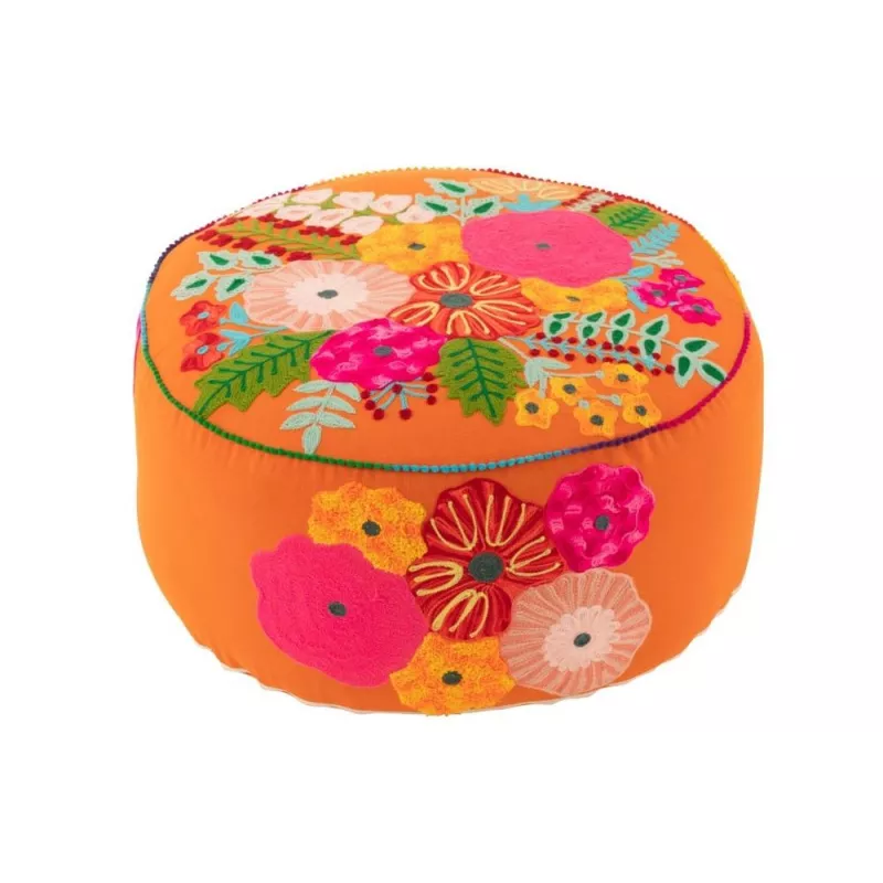 Pouf rond en tissu brodé de fleurs CHALOU (Orange/Rouille)