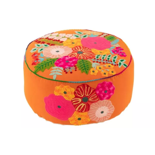 Pouf rond en tissu brodé de fleurs CHALOU (Orange/Rouille)