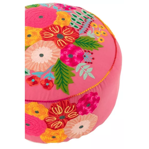 Pouf rond en tissu brodé de fleurs CHALOU (Rose)