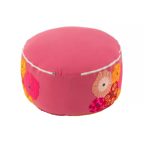 Pouf rond en tissu brodé de fleurs CHALOU (Rose)