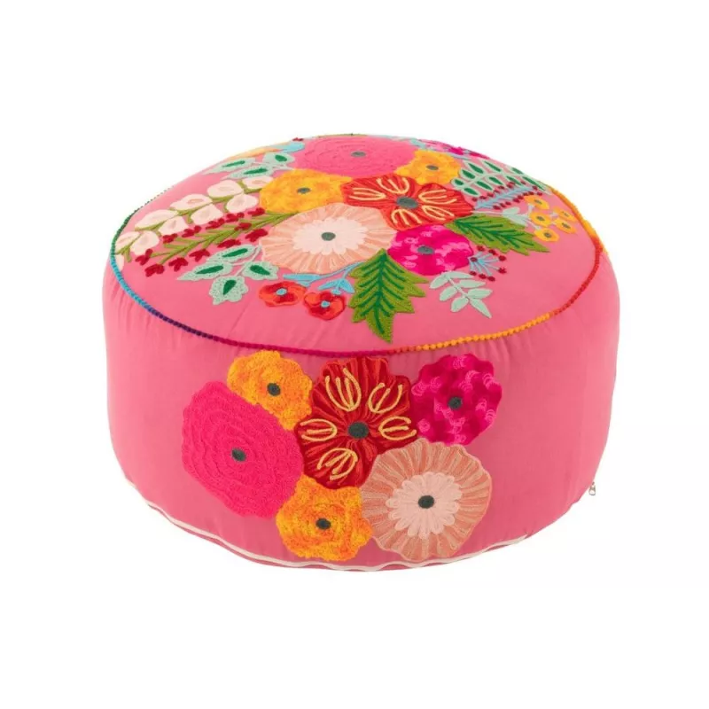 Pouf rond en tissu brodé de fleurs CHALOU (Rose)