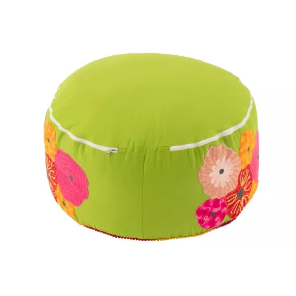 Pouf rond en tissu brodé de fleurs CHALOU (Vert)