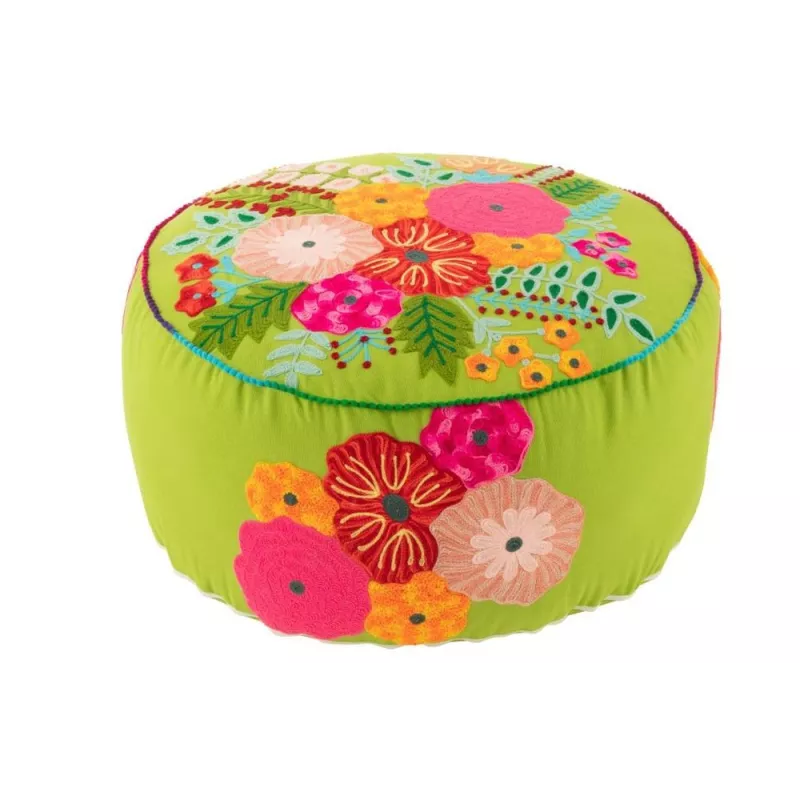 Pouf rond en tissu brodé de fleurs CHALOU (Vert)