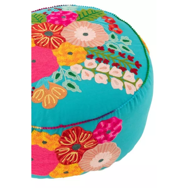 Pouf rond en tissu brodé de fleurs CHALOU (Bleu)