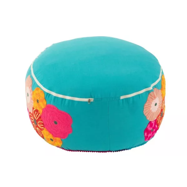 Pouf rond en tissu brodé de fleurs CHALOU (Bleu)