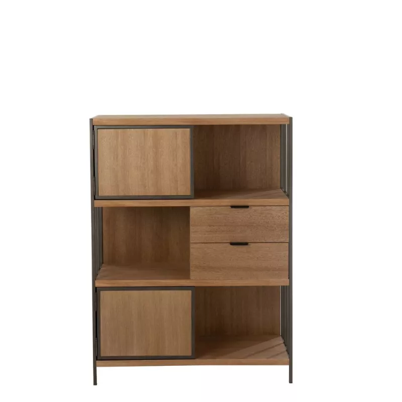 Armoire 5 niches 2 tiroirs en bois et métal ZAZI (90x120,5 cm) (Naturel, noir)