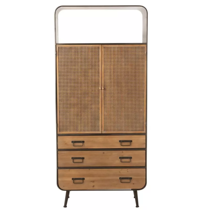 Armoire haute 2 portes 3 tiroirs en bois et métal GIBA (80x180 cm) (Naturel, noir)