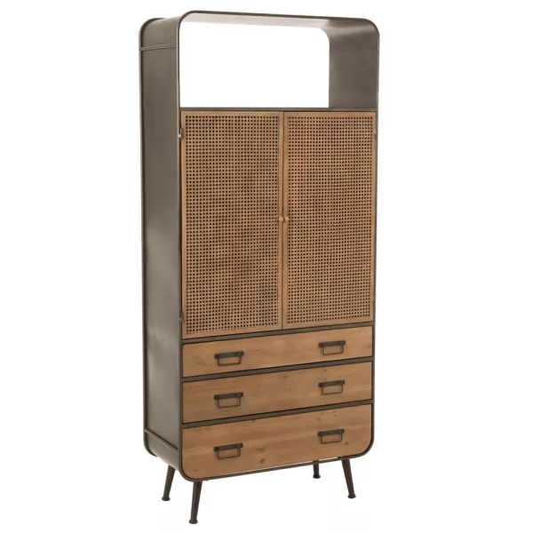 Armoire haute 2 portes 3 tiroirs en bois et métal GIBA (80x180 cm) (Naturel, noir)