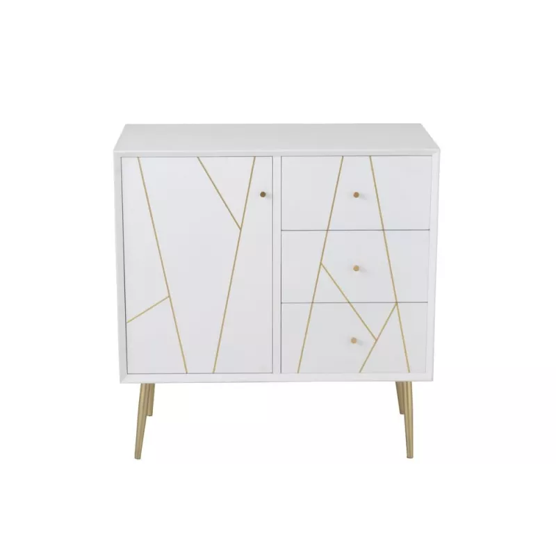 Meuble d'appoint 1 porte 3 tiroirs en bois et métal CHOUPI (80x83,5 cm) (Blanc, or)