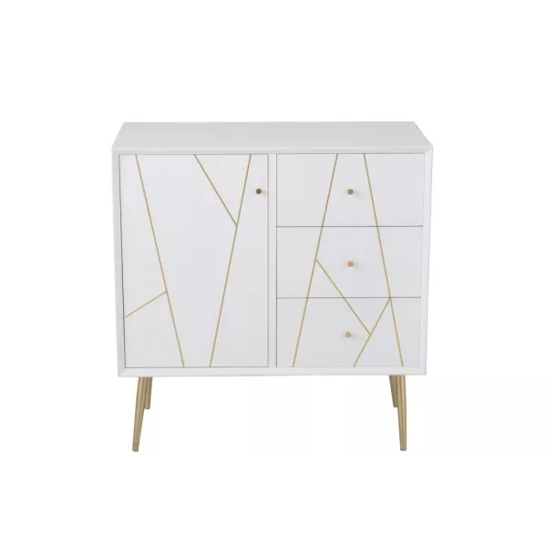 Meuble d'appoint 1 porte 3 tiroirs en bois et métal CHOUPI (80x83,5 cm) (Blanc, or)