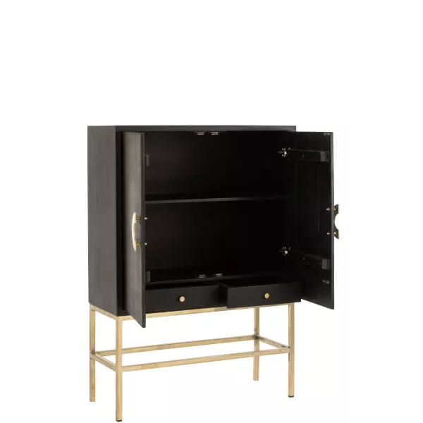 Armoire bar 2 portes 2 tiroirs en bois de manguier CHARLOU (107x140 cm) (Noir - Or)