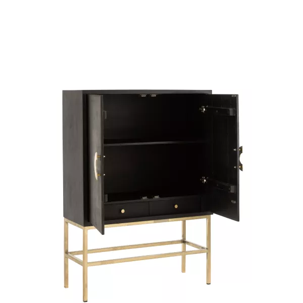 Armoire bar 2 portes 2 tiroirs en bois de manguier CHARLOU (107x140 cm) (Noir - Or)