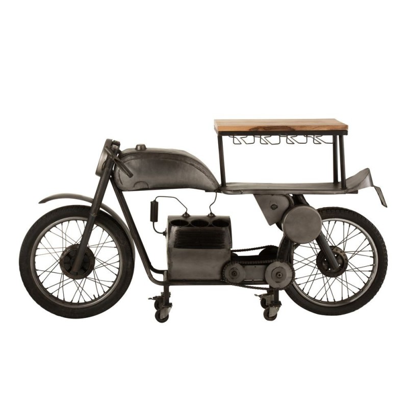 Meuble bar motocyclette en métal et bois de manguier CHINO (200x100 cm) (Gris foncé - Naturel)