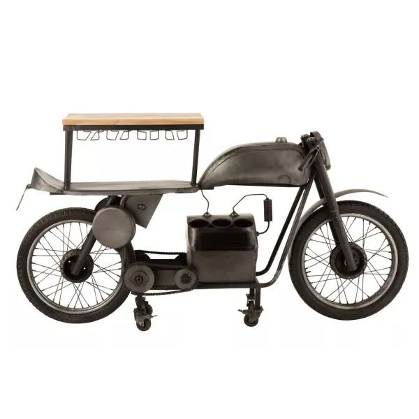 Meuble bar motocyclette en métal et bois de manguier CHINO (200x100 cm) (Gris foncé - Naturel)