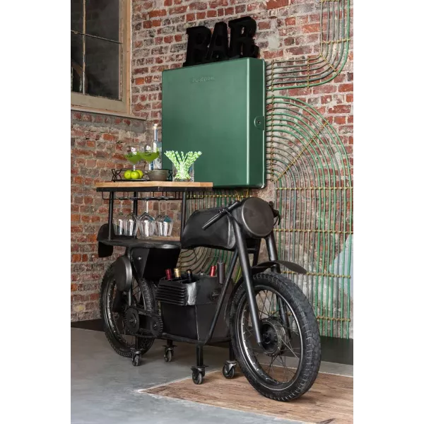 Meuble bar motocyclette en métal et bois de manguier CHINO (200x100 cm) (Gris foncé - Naturel)