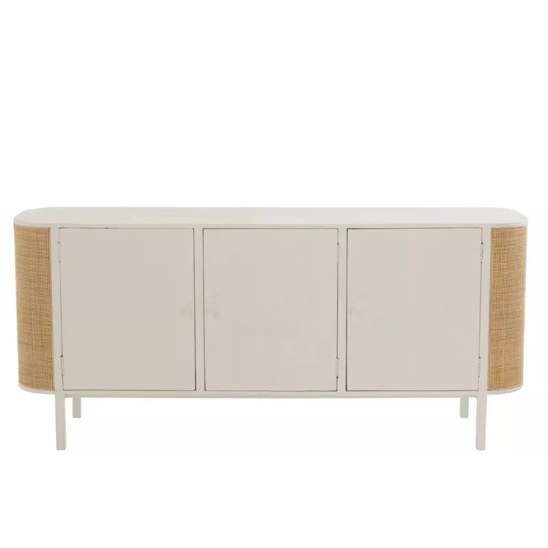 Buffet 3 portes en bois et rotin MIBOU (180x80 cm) (Blanc - Naturel)