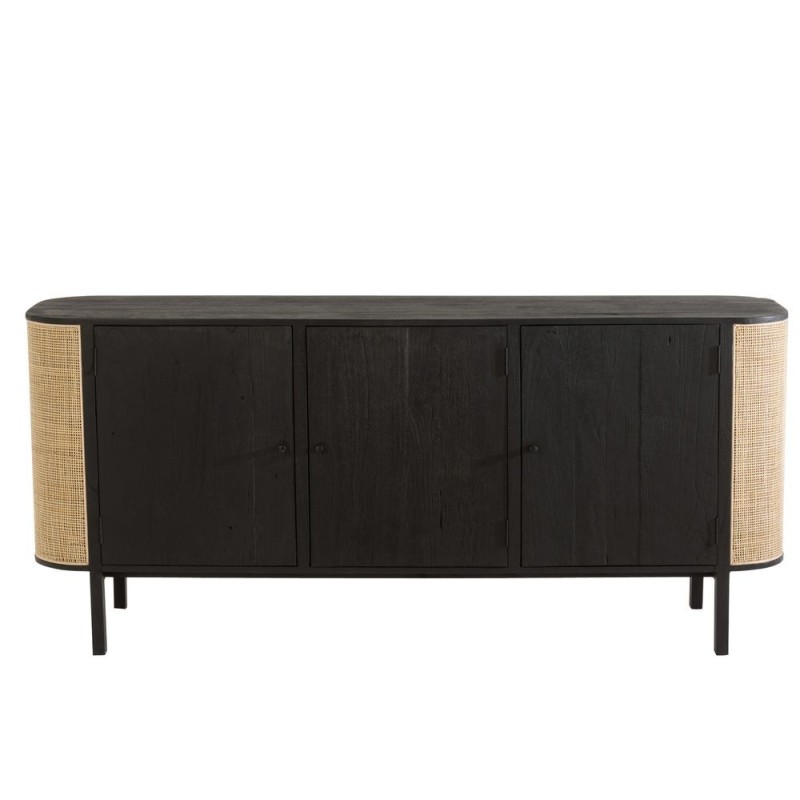 Buffet enfilade 3 portes en bois exotique et rotin MIAFIN (180x80 cm) (Noir, naturel)