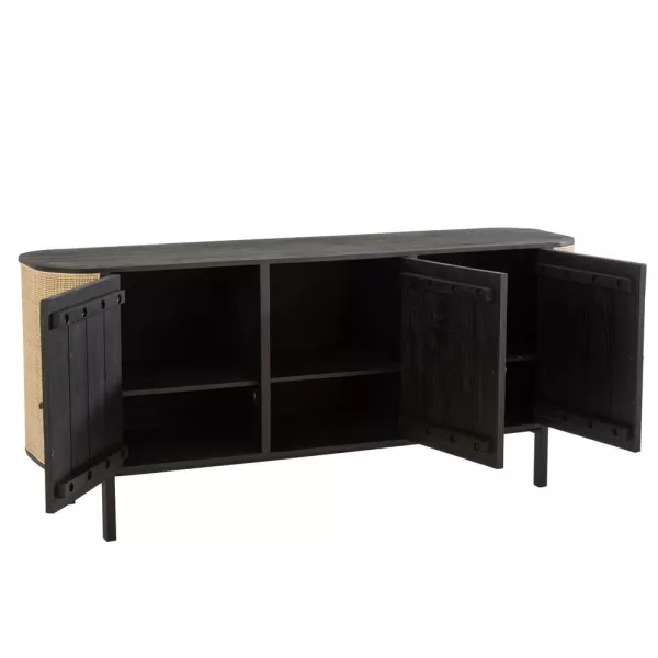 Buffet enfilade 3 portes en bois exotique et rotin MIAFIN (180x80 cm) (Noir, naturel)