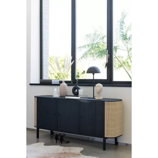 Buffet enfilade 3 portes en bois exotique et rotin MIAFIN (180x80 cm) (Noir, naturel)