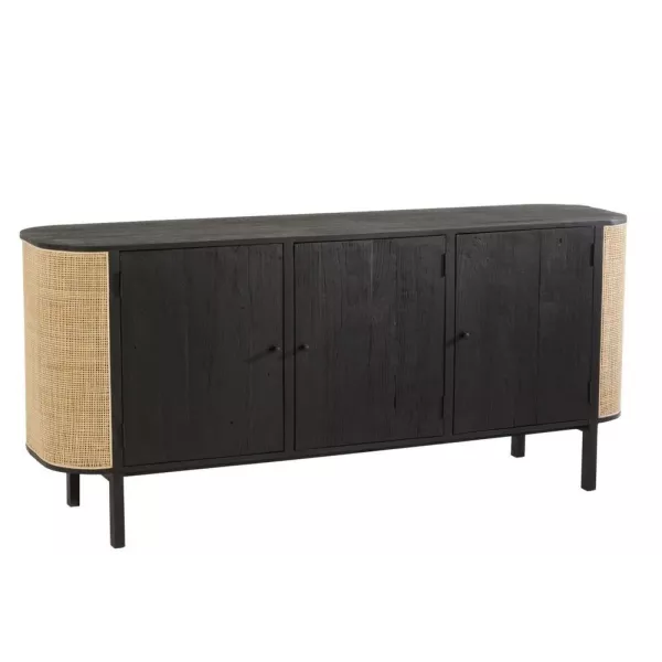 Buffet enfilade 3 portes en bois exotique et rotin MIAFIN (180x80 cm) (Noir, naturel)