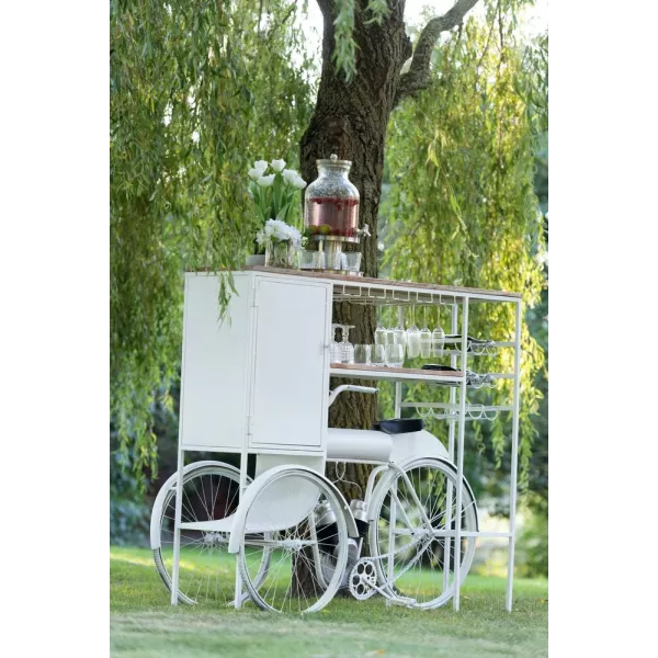 Meuble bar vélo en métal et bois de manguier PIRON (173x119 cm) (Blanc - Naturel)