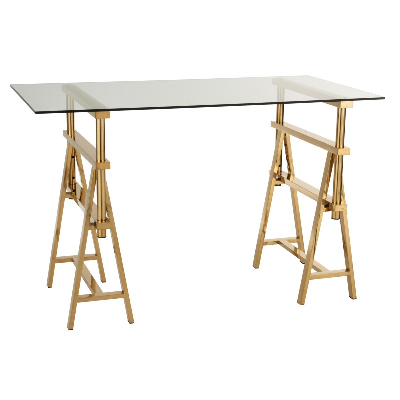 Bureau ajustable en verre et acier MITON (150x80 cm) (Transparent, doré)