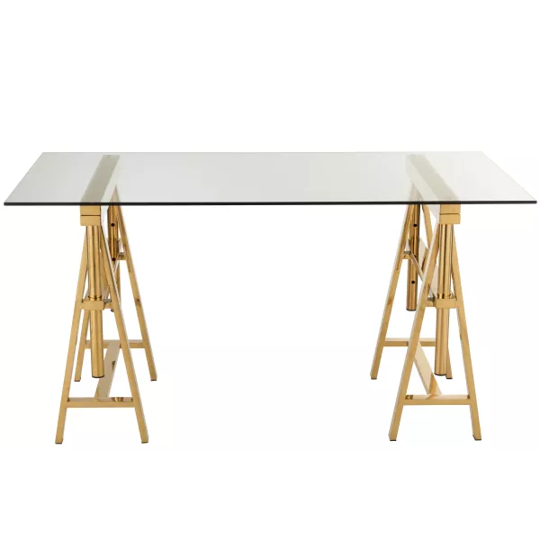 Bureau ajustable en verre et acier MITON (150x80 cm) (Transparent, doré)