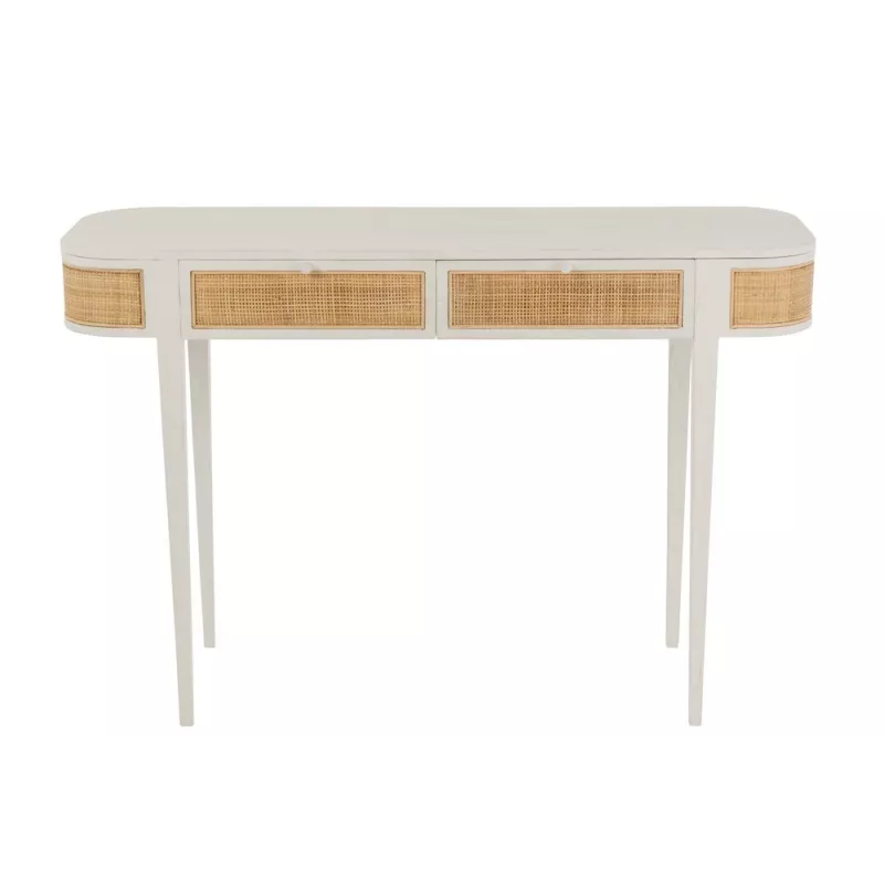 Console 2 tiroirs en bois exotique et rotin MIBOU (120x40 cm) (Blanc, Naturel)