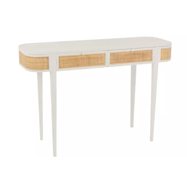 Console 2 tiroirs en bois exotique et rotin MIBOU (120x40 cm) (Blanc, Naturel)