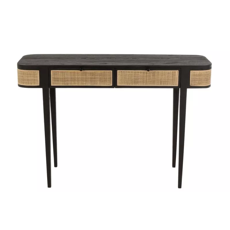 Console 2 tiroires en bois exotique et rotin MIAFIN (120x40 cm) (Noir, naturel)