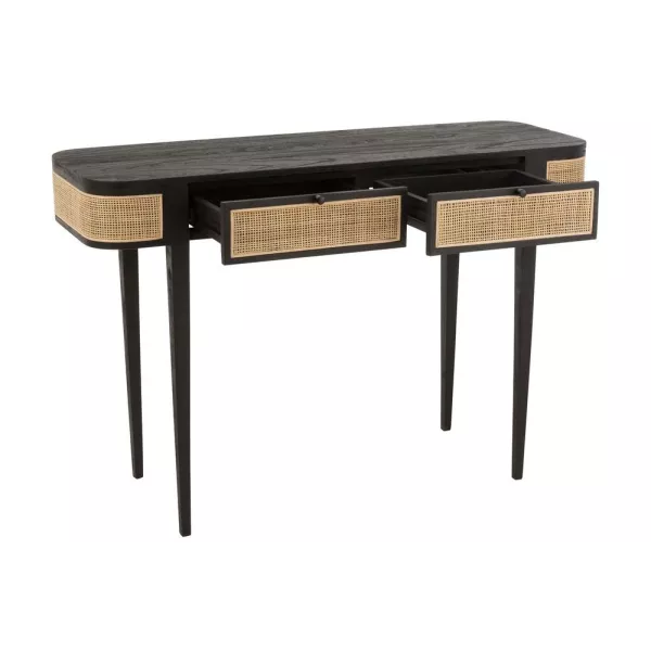 Console 2 tiroires en bois exotique et rotin MIAFIN (120x40 cm) (Noir, naturel)