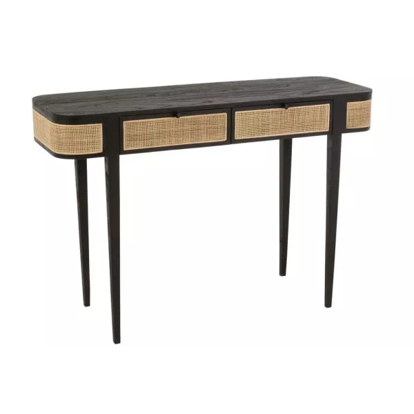 Console 2 tiroires en bois exotique et rotin MIAFIN (120x40 cm) (Noir, naturel)