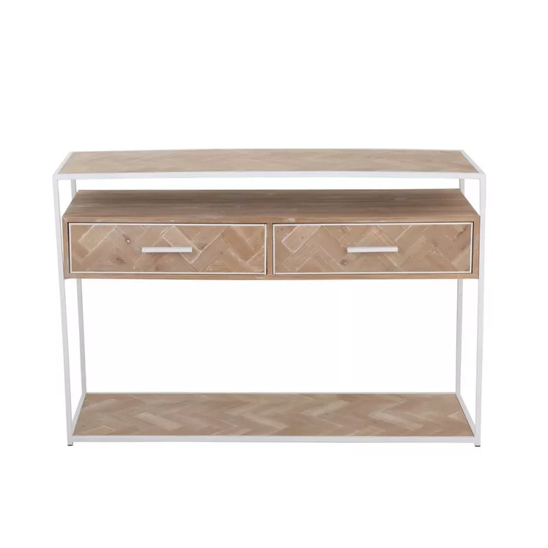 Console 2 étagères 2 tiroirs en bois et métal PAGON (120x40 cm) (Blanc, Naturel)