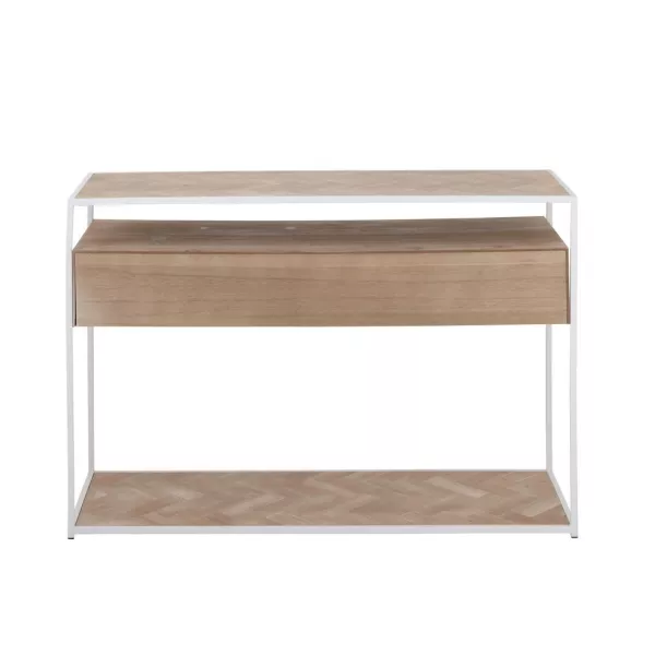 Console 2 étagères 2 tiroirs en bois et métal PAGON (120x40 cm) (Blanc, Naturel)