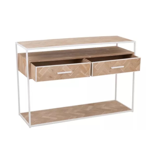 Console 2 étagères 2 tiroirs en bois et métal PAGON (120x40 cm) (Blanc, Naturel)