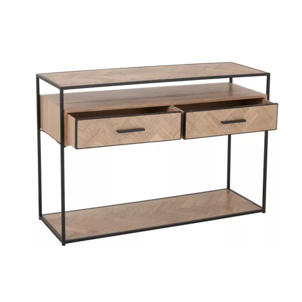 Console 2 étagères 2 tiroirs en bois et métal PAGON (120x40 cm) (Noir, naturel)