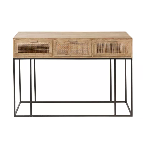 Console 3 tiroirs en bois de manguier et rotin MAZINE (120x42 cm) (Naturel, noir)