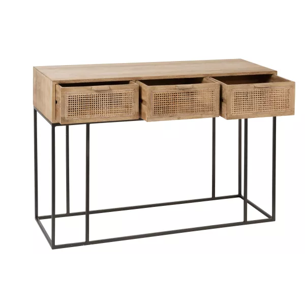 Console 3 tiroirs en bois de manguier et rotin MAZINE (120x42 cm) (Naturel, noir)