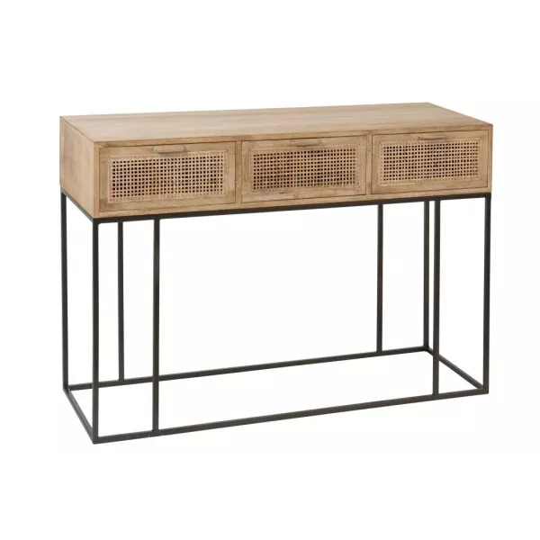 Console 3 tiroirs en bois de manguier et rotin MAZINE (120x42 cm) (Naturel, noir)