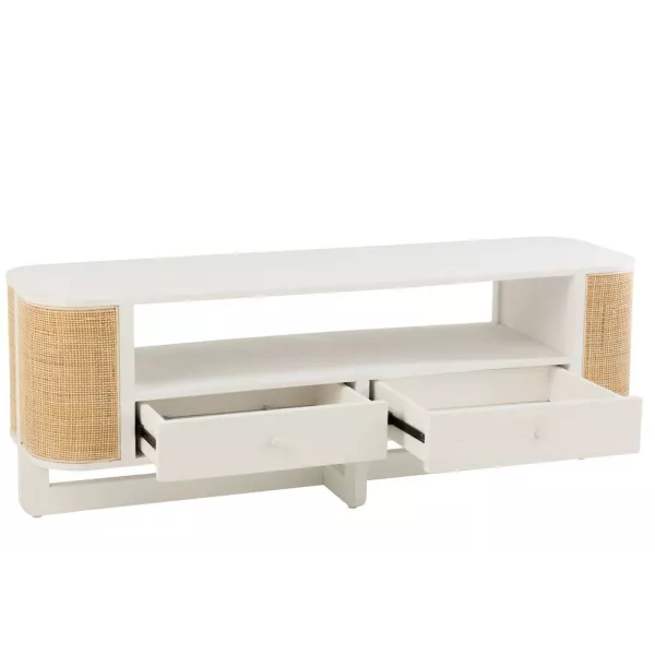 Meuble TV en bois exotique et rotin MIBOU (140x51 cm) (Blanc, Naturel)