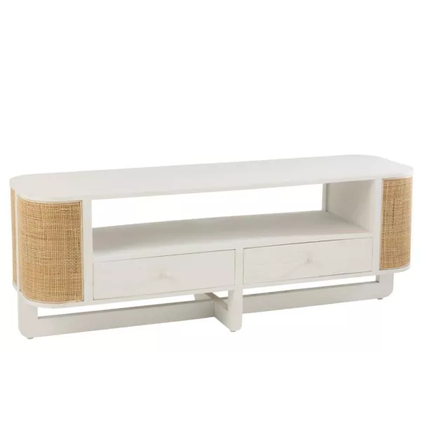 Meuble TV en bois exotique et rotin MIBOU (140x51 cm) (Blanc, Naturel)