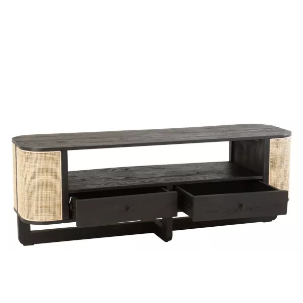 Meuble TV en bois exotique et rotin MIAFIN (140x50,5 cm) (Noir, naturel)