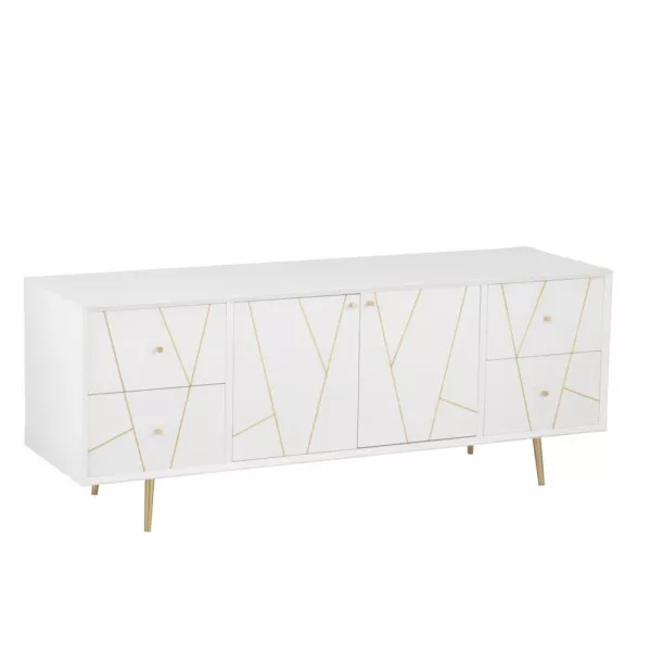 Buffet 2 portes 4 tiroirs  en bois et métal CHOUPI (150x60 cm) (Blanc, or)