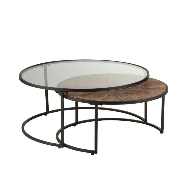 Set de 2 tables gigognes rondes en métal, verre et bois PRIGON (91x41 cm) (Noir)