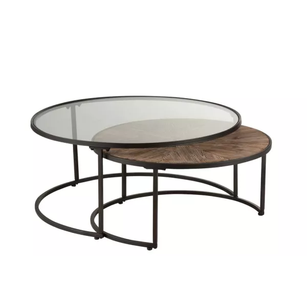 Set de 2 tables gigognes rondes en métal, verre et bois PRIGON (91x41 cm) (Noir)