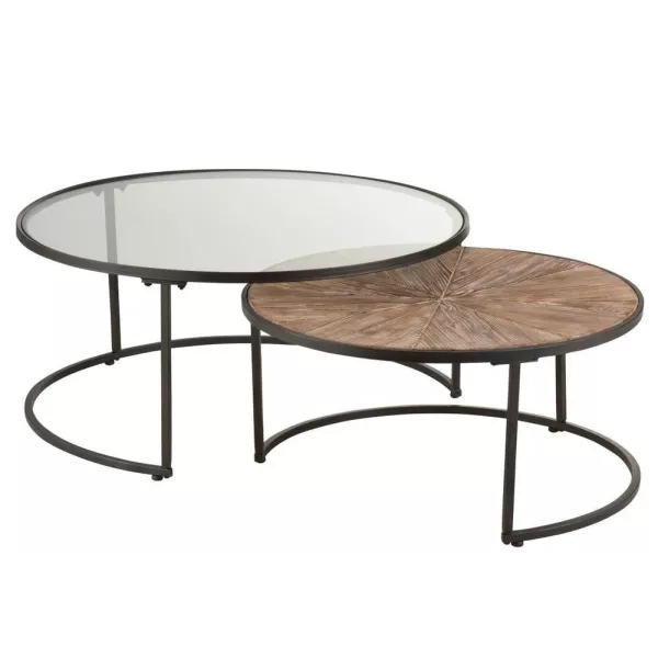 Set de 2 tables gigognes rondes en métal, verre et bois PRIGON (91x41 cm) (Noir)