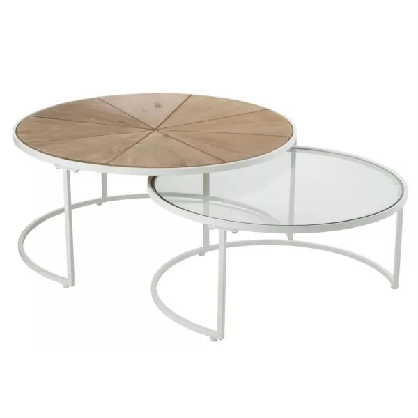 Set de 2 tables gigognes en métal, bois et verre KANOU (91x41 cm) (Blanc, Naturel)