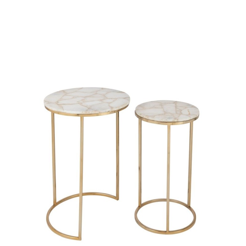 Set de 2 tables gigognes en pierre et métal PALAN (35,5x61 cm) (Blanc, or)